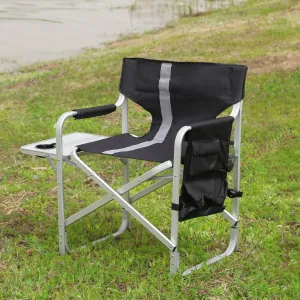 1-Piece Padded Folding Outdoor Chair with Side Table and Storage Pockets,Lightweight Oversized Directors Chair for Indoor, Outdoor Camping, Picnics and Fishing,Black/Grey