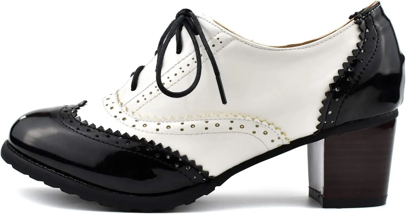 100FIXEO Women Block Heel Wingtip Oxford Shoes Vintage Chunky Heel Saddle Shoes