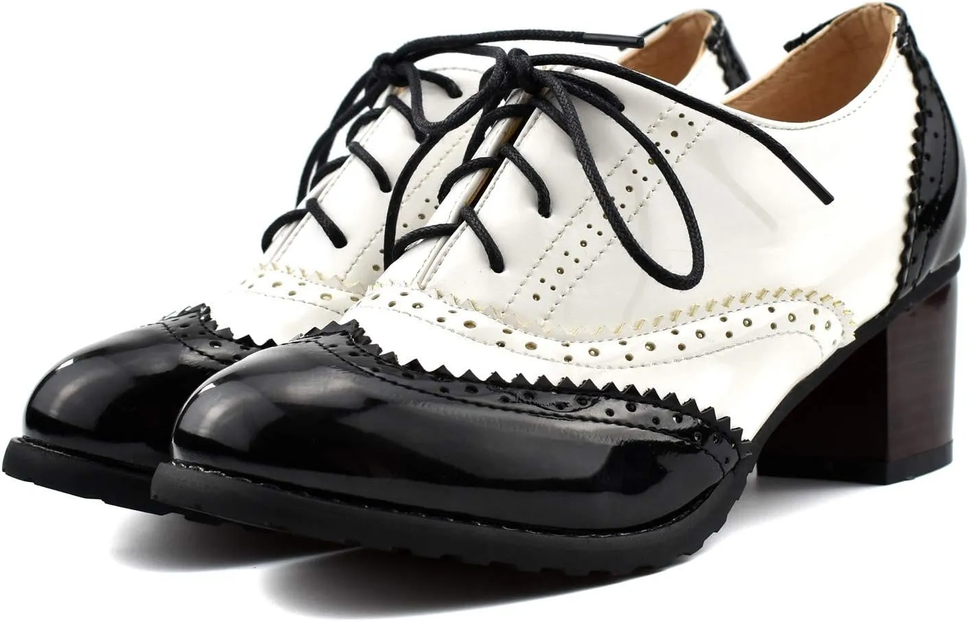 100FIXEO Women Block Heel Wingtip Oxford Shoes Vintage Chunky Heel Saddle Shoes