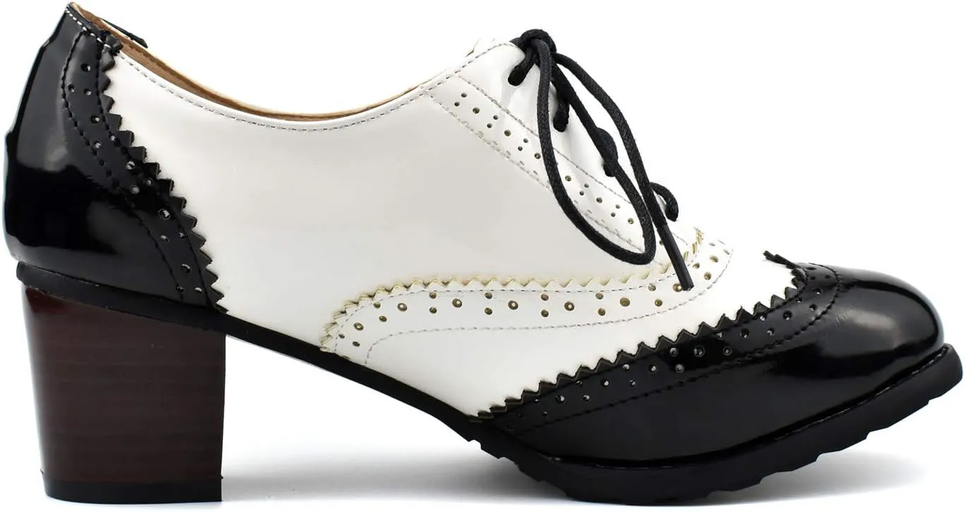 100FIXEO Women Block Heel Wingtip Oxford Shoes Vintage Chunky Heel Saddle Shoes