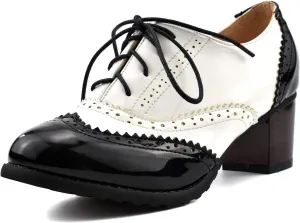 100FIXEO Women Block Heel Wingtip Oxford Shoes Vintage Chunky Heel Saddle Shoes