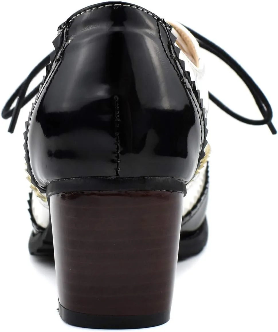 100FIXEO Women Block Heel Wingtip Oxford Shoes Vintage Chunky Heel Saddle Shoes