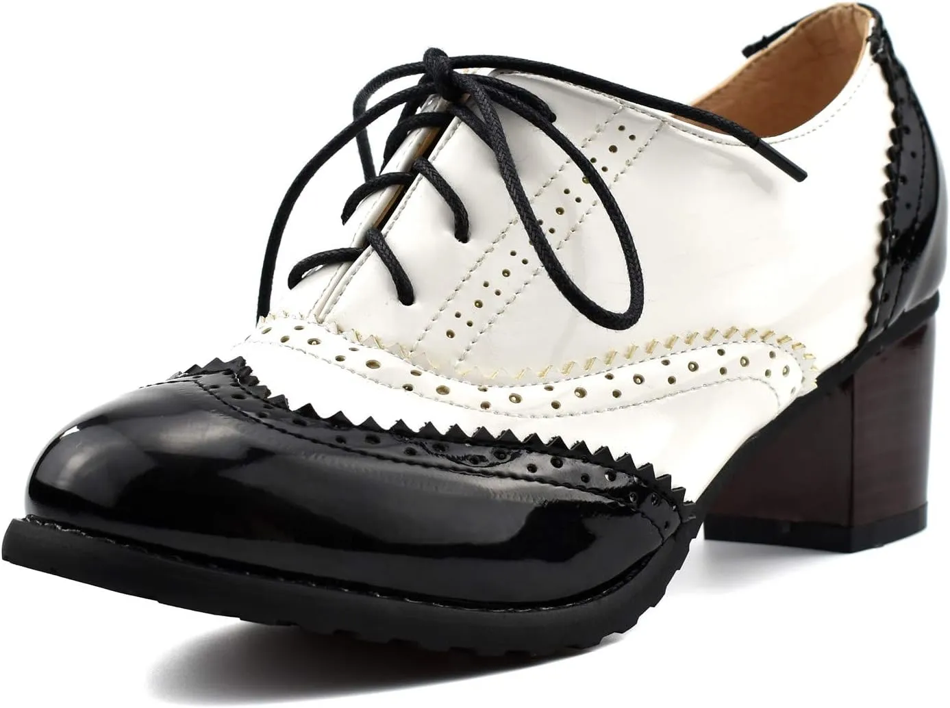 100FIXEO Women Block Heel Wingtip Oxford Shoes Vintage Chunky Heel Saddle Shoes