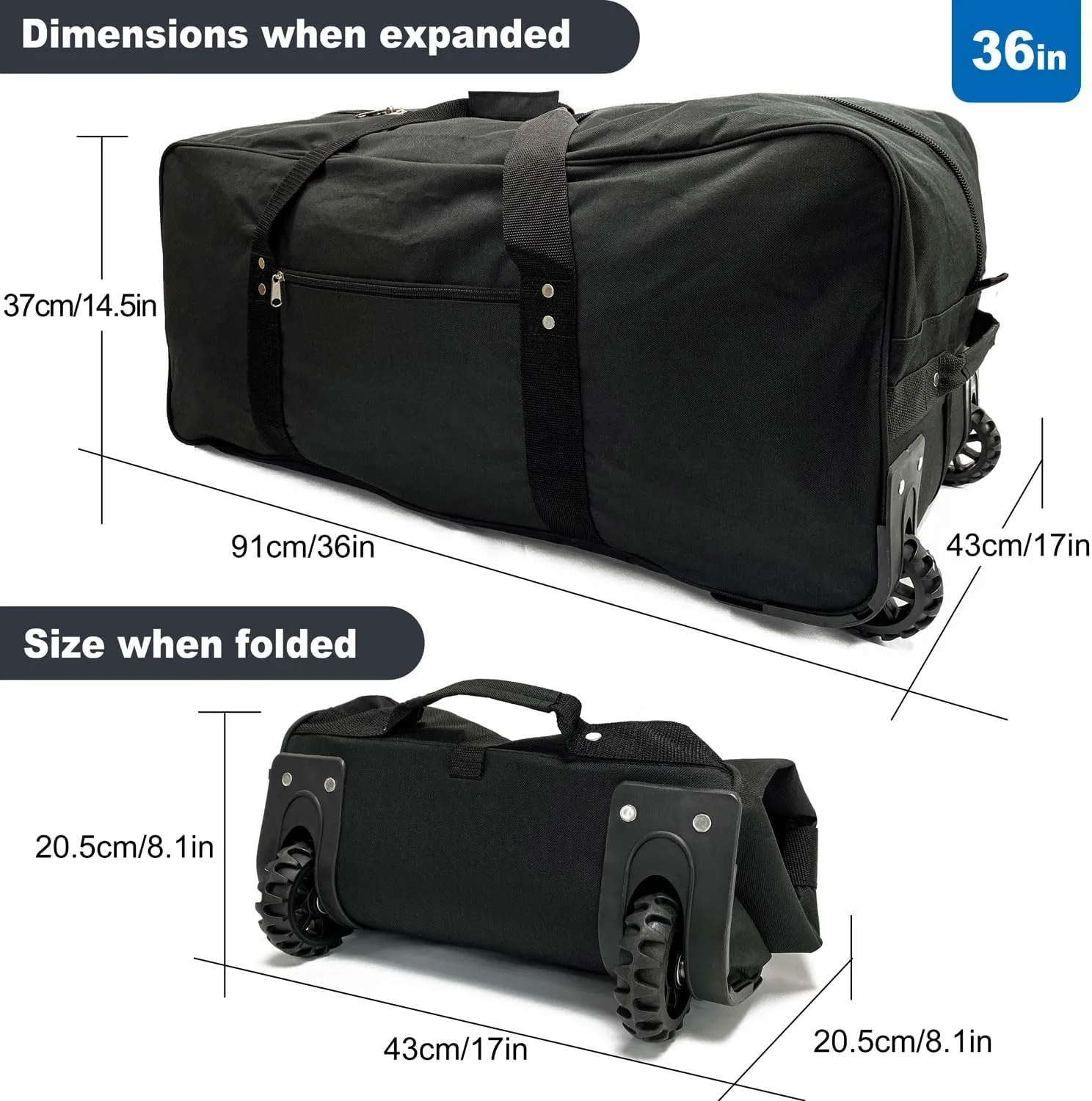 36" Huge Bag with Wheels Extra Large Foldable Duffel Bag Collapsible Rolling Travel Bag Heavy-Duty Cargo Duffle for Travel, Camping & Moving, Water-Resistant 600D Oxford, Black
