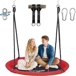 43" Saucer Tree Swing for Kids, 360° Rotate Waterproof Flying Saucer Swing with Swivel, Hanging Straps, Adjustable Ropes, Round Mat Spinner Swing for Tree/Swing Set, Red