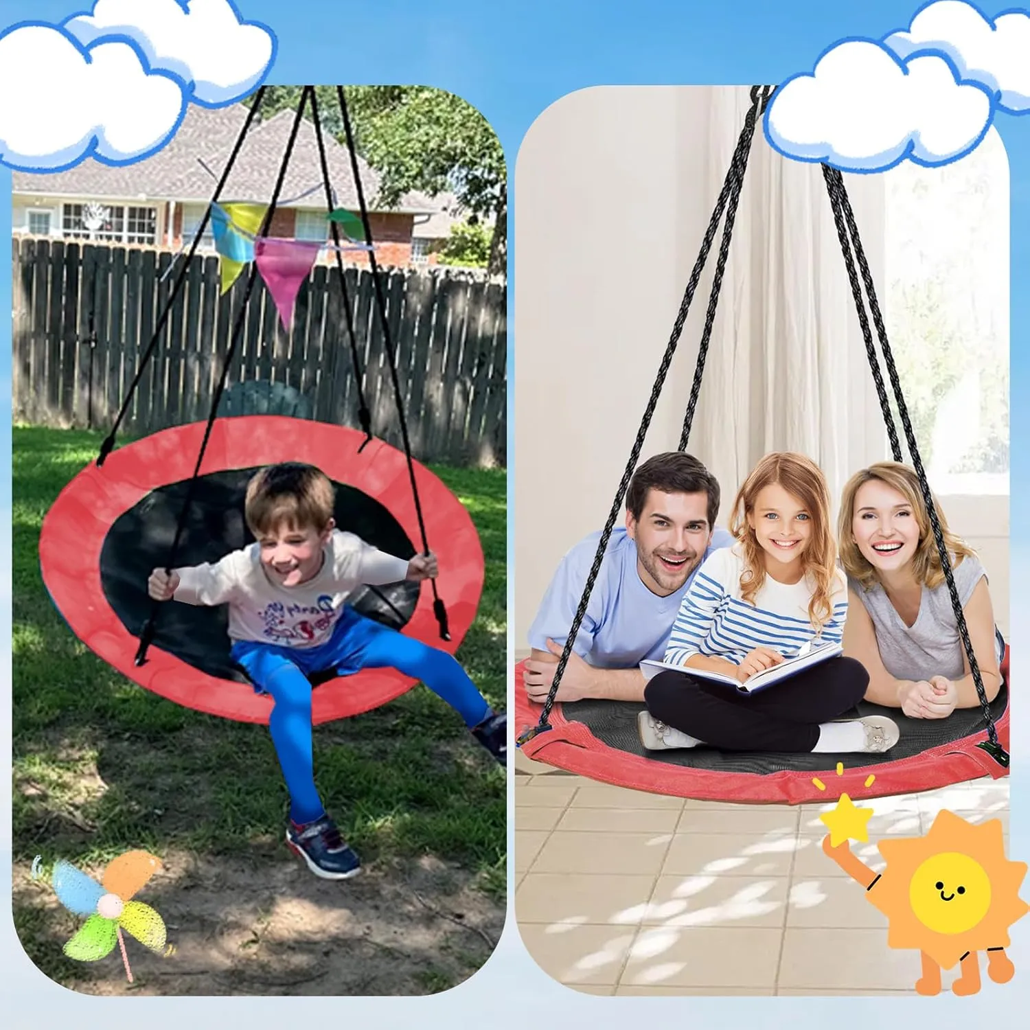 43" Saucer Tree Swing for Kids, 360° Rotate Waterproof Flying Saucer Swing with Swivel, Hanging Straps, Adjustable Ropes, Round Mat Spinner Swing for Tree/Swing Set, Red