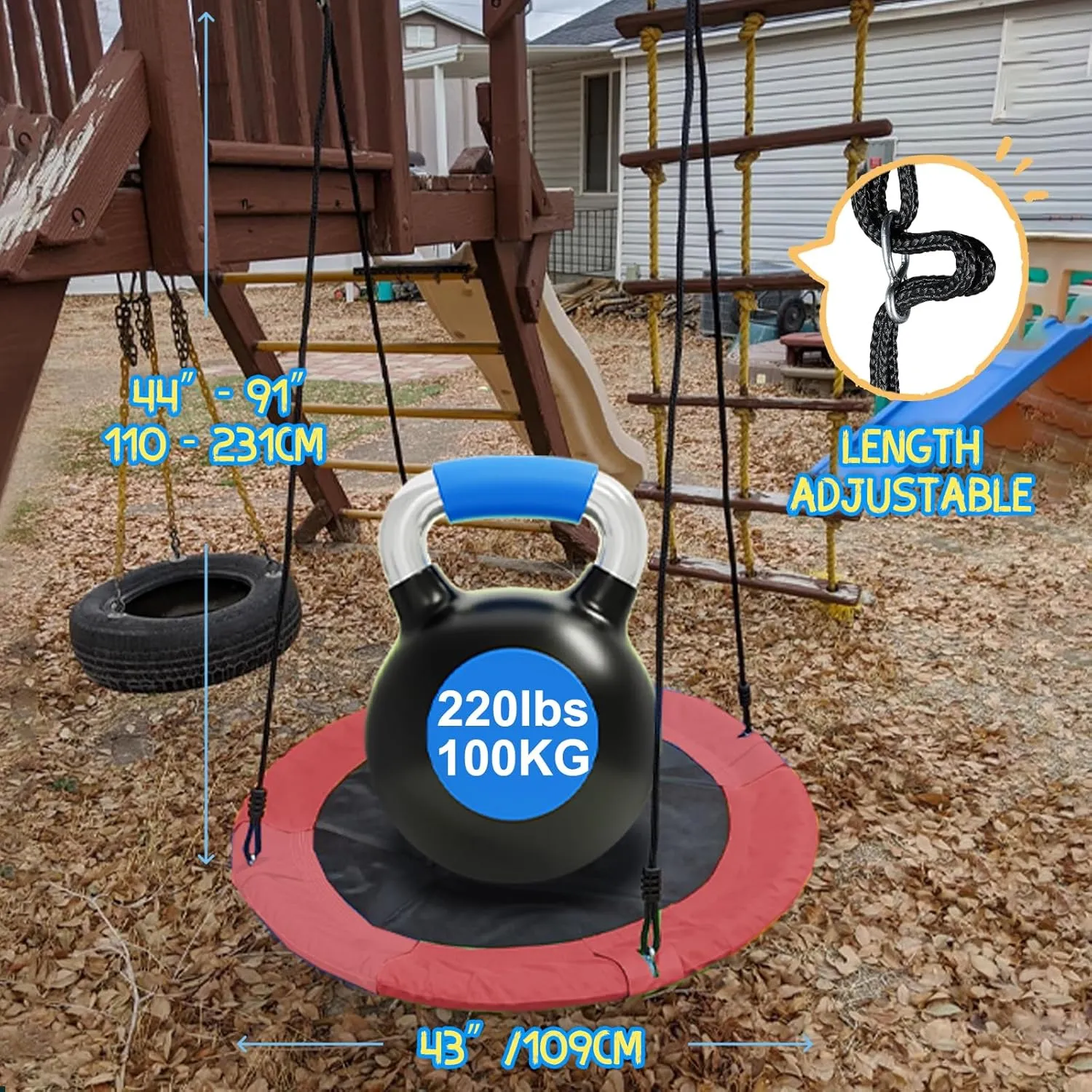 43" Saucer Tree Swing for Kids, 360° Rotate Waterproof Flying Saucer Swing with Swivel, Hanging Straps, Adjustable Ropes, Round Mat Spinner Swing for Tree/Swing Set, Red