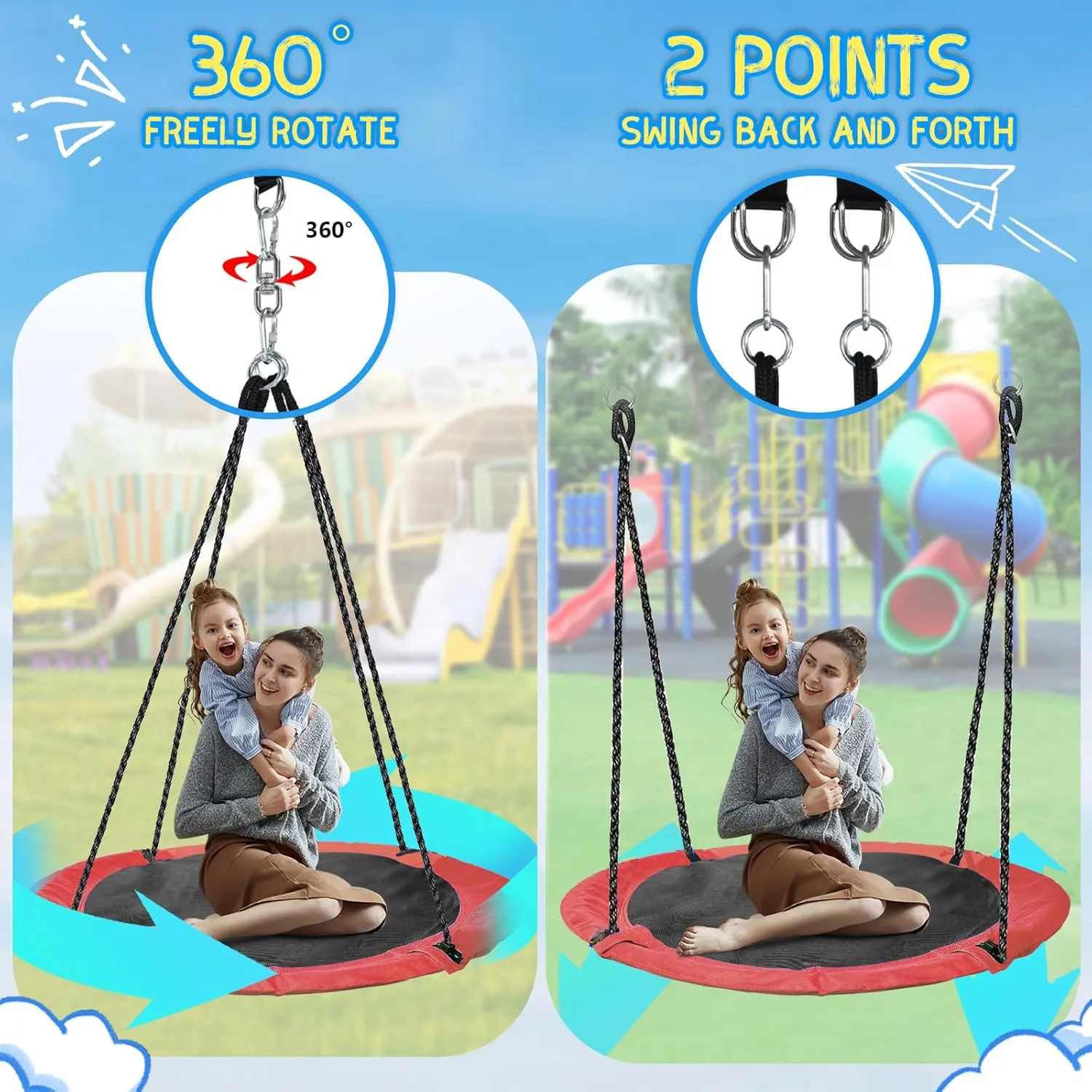 43" Saucer Tree Swing for Kids, 360° Rotate Waterproof Flying Saucer Swing with Swivel, Hanging Straps, Adjustable Ropes, Round Mat Spinner Swing for Tree/Swing Set, Red