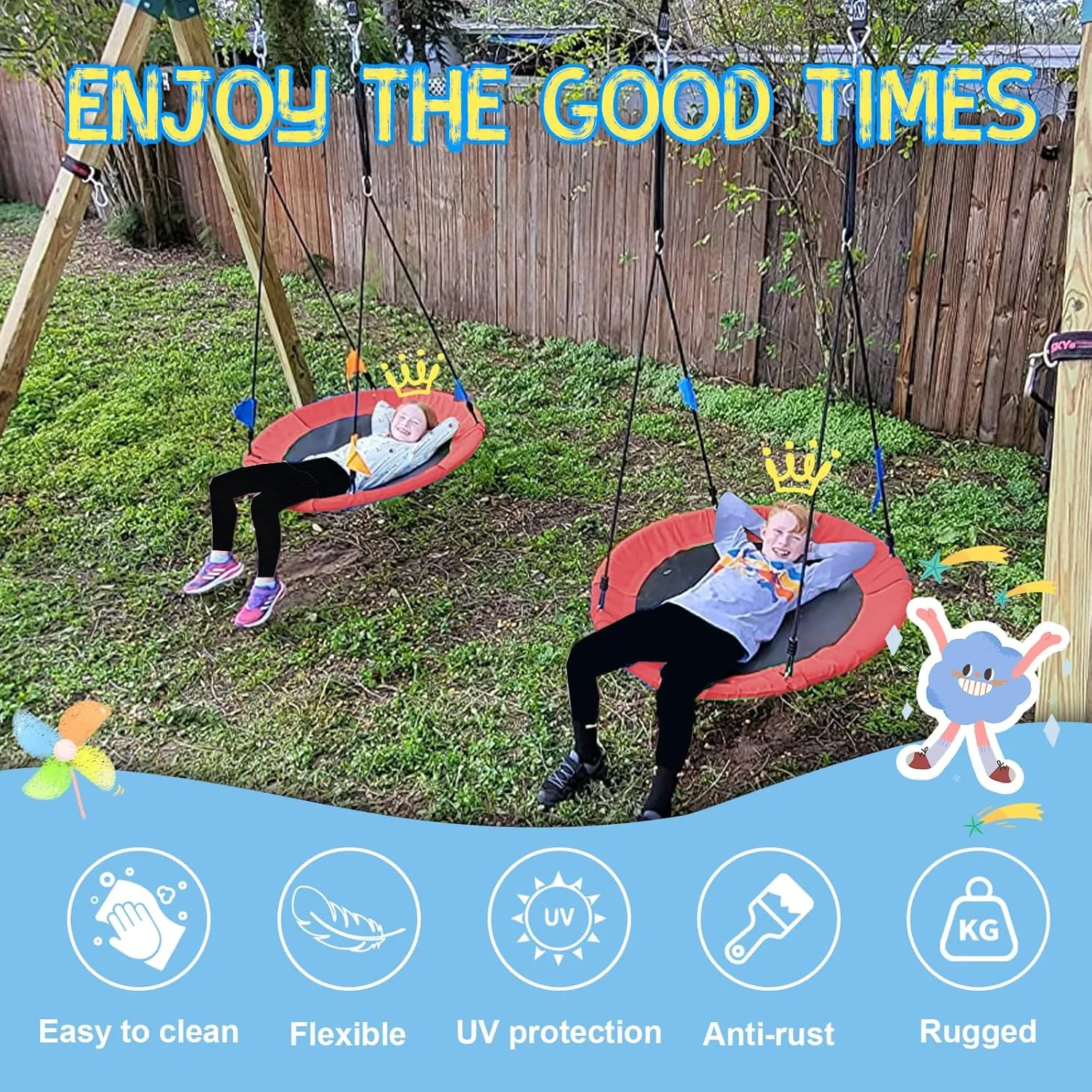 43" Saucer Tree Swing for Kids, 360° Rotate Waterproof Flying Saucer Swing with Swivel, Hanging Straps, Adjustable Ropes, Round Mat Spinner Swing for Tree/Swing Set, Red