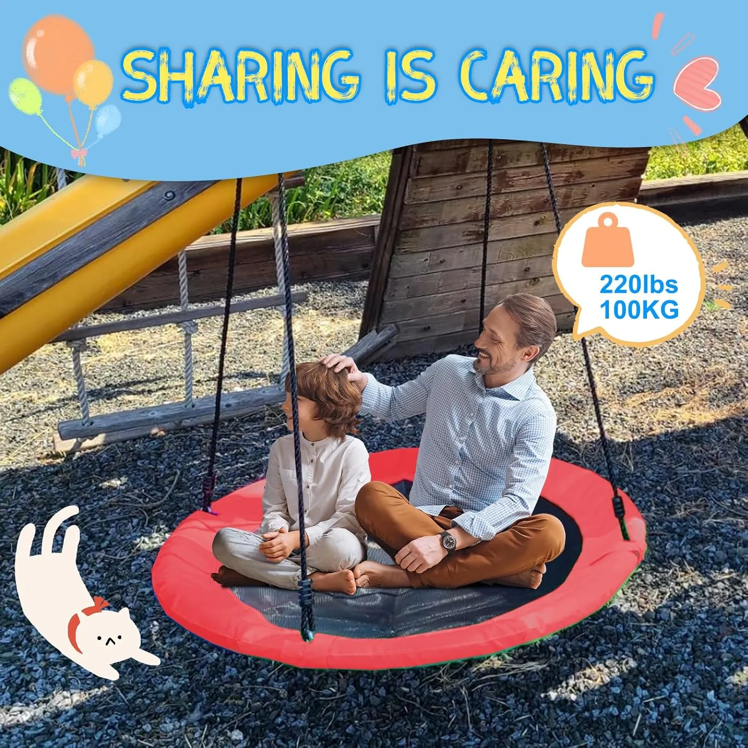43" Saucer Tree Swing for Kids, 360° Rotate Waterproof Flying Saucer Swing with Swivel, Hanging Straps, Adjustable Ropes, Round Mat Spinner Swing for Tree/Swing Set, Red