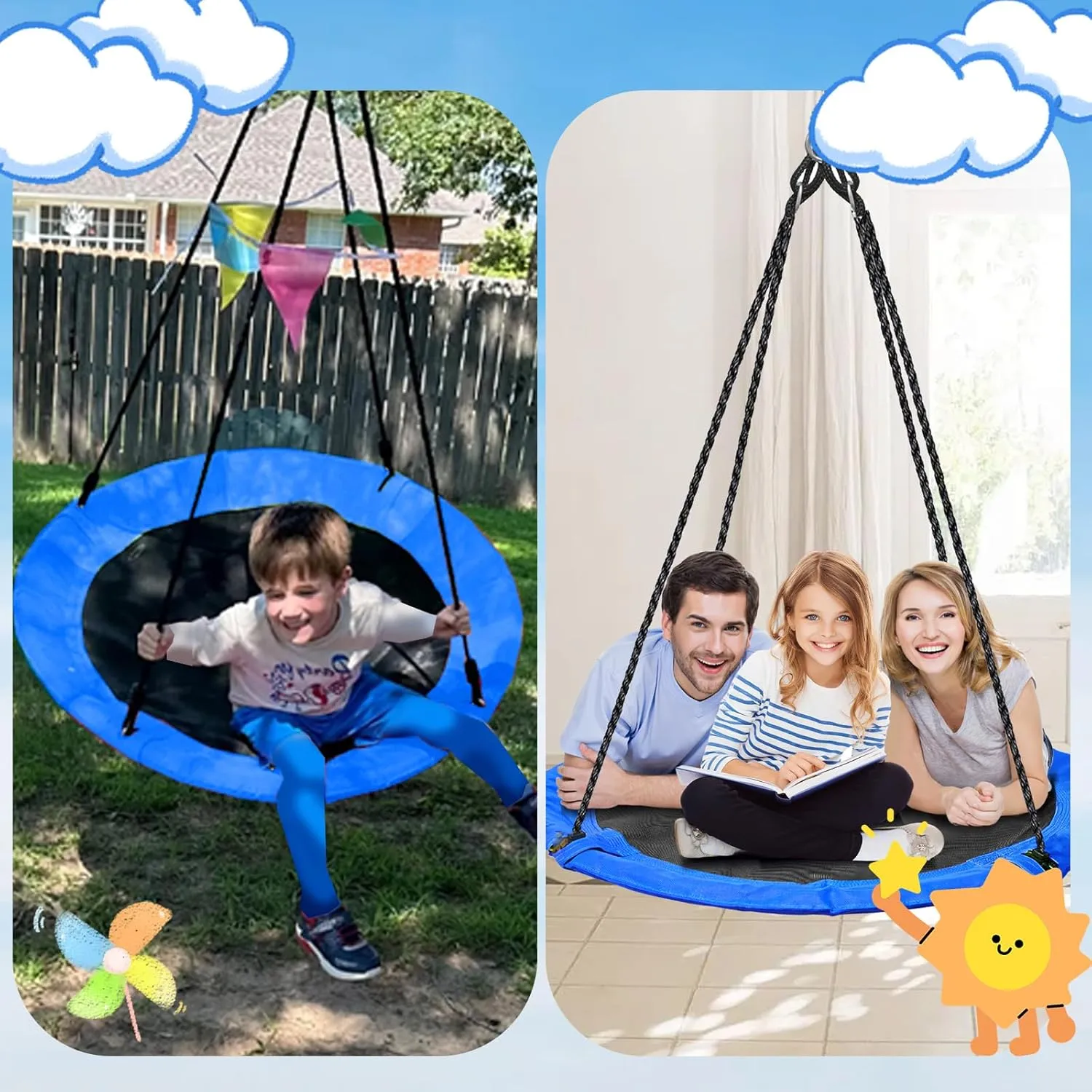 43" Saucer Tree Swing for Kids - 360 Rotate Waterproof Flying Saucer With Swivel, Hanging Straps, Adjustable Ropes - Round Mat Spinner for Tree/Swing Set (Blue)