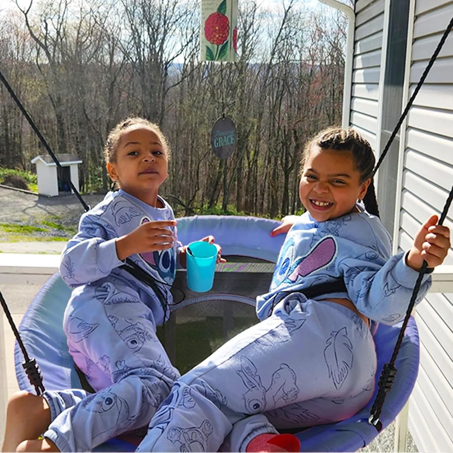 43" Saucer Tree Swing for Kids - 360 Rotate Waterproof Flying Saucer With Swivel, Hanging Straps, Adjustable Ropes - Round Mat Spinner for Tree/Swing Set (Blue)