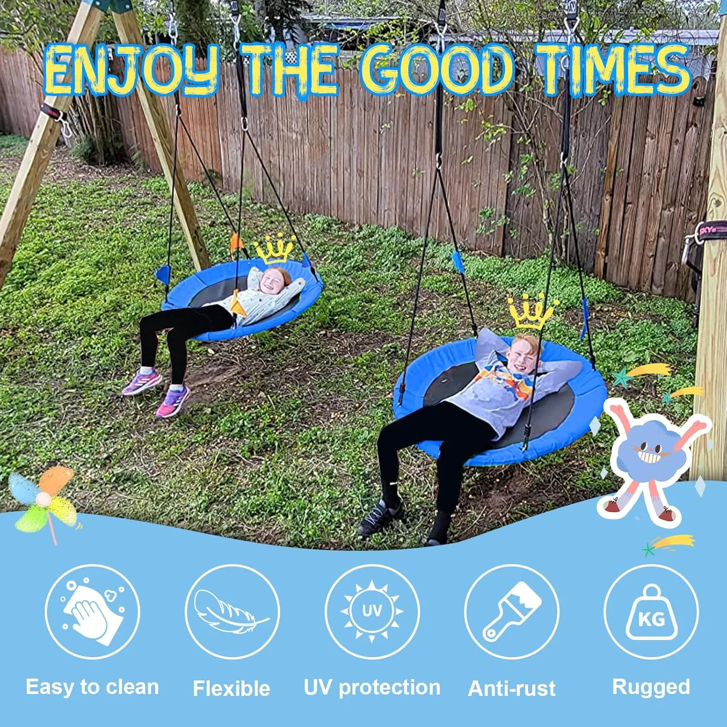 43" Saucer Tree Swing for Kids - 360 Rotate Waterproof Flying Saucer With Swivel, Hanging Straps, Adjustable Ropes - Round Mat Spinner for Tree/Swing Set (Blue)