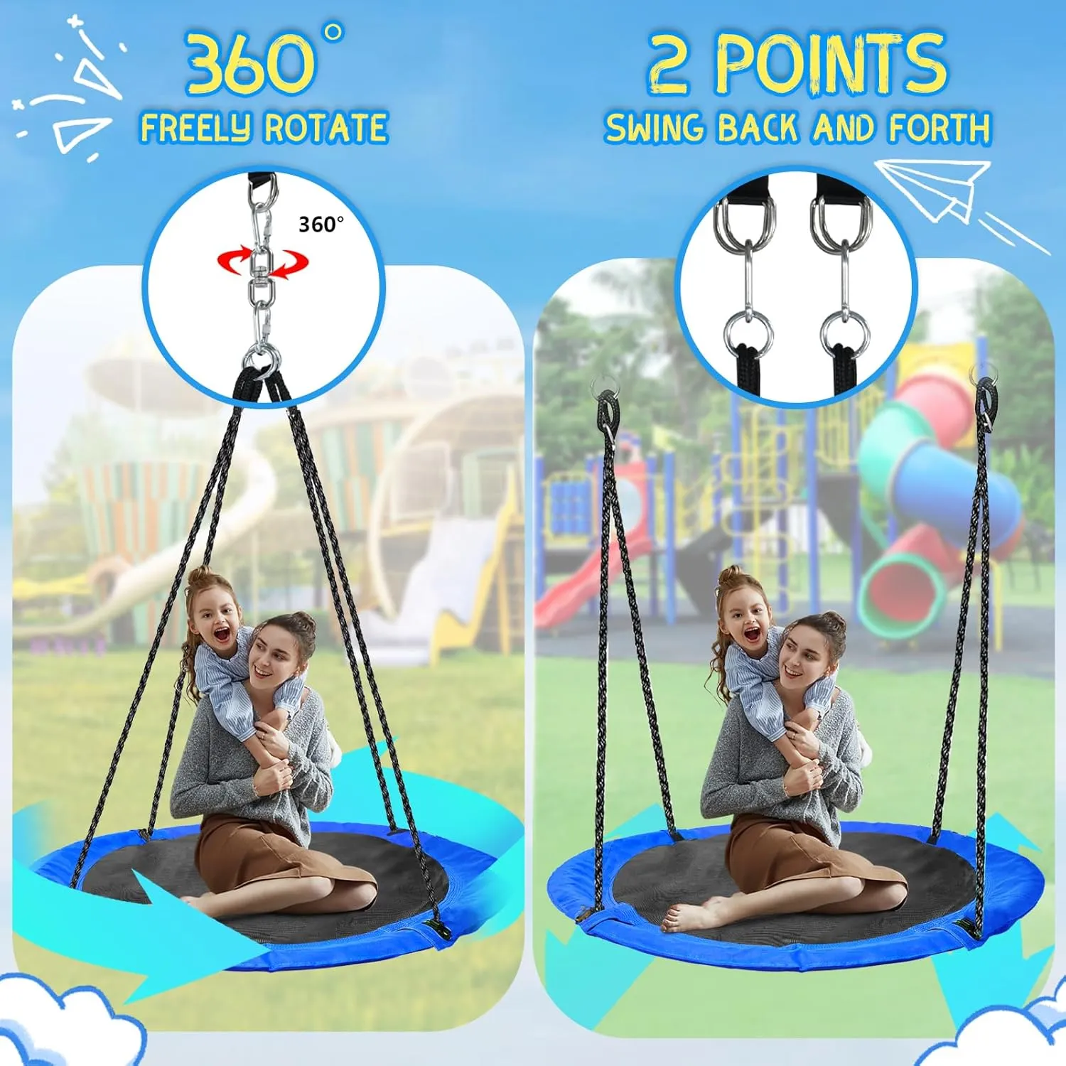 43" Saucer Tree Swing for Kids - 360 Rotate Waterproof Flying Saucer With Swivel, Hanging Straps, Adjustable Ropes - Round Mat Spinner for Tree/Swing Set (Blue)