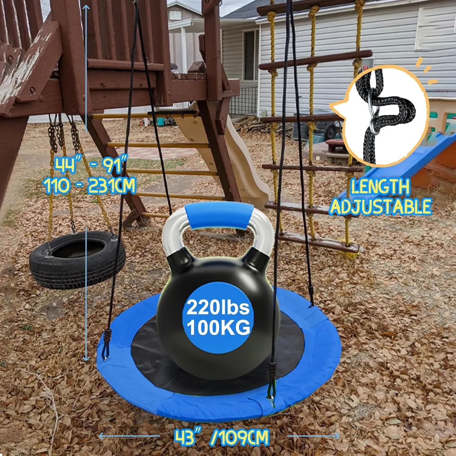 43" Saucer Tree Swing for Kids - 360 Rotate Waterproof Flying Saucer With Swivel, Hanging Straps, Adjustable Ropes - Round Mat Spinner for Tree/Swing Set (Blue)