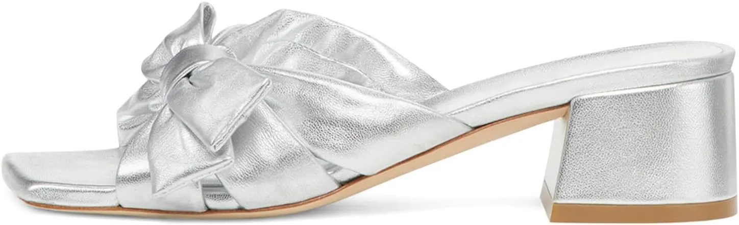 Adrizzlein Mules for Women Heels Bow Heels Mules Square Open Toe Chunky low Heel Sandals Slip On Summer Slides Dress Shoes