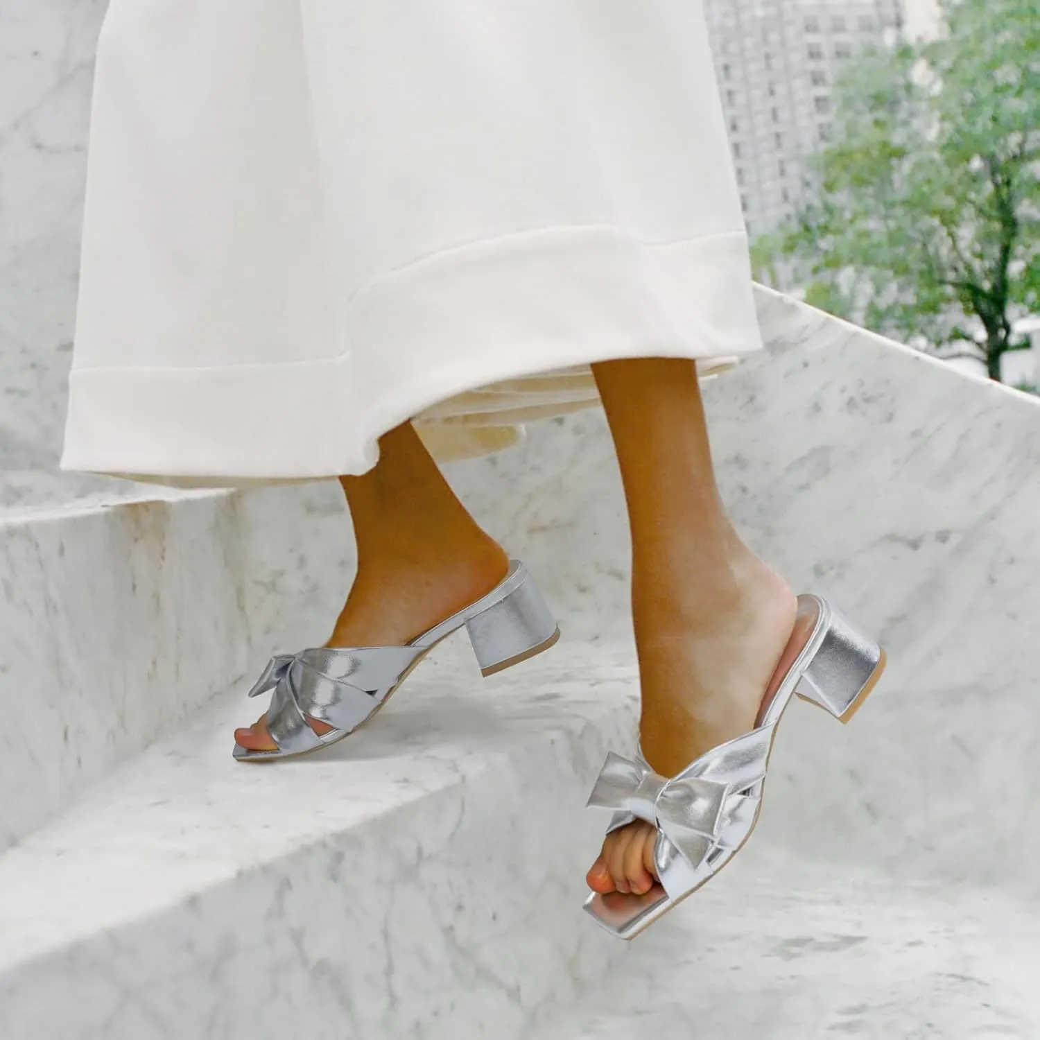 Adrizzlein Mules for Women Heels Bow Heels Mules Square Open Toe Chunky low Heel Sandals Slip On Summer Slides Dress Shoes