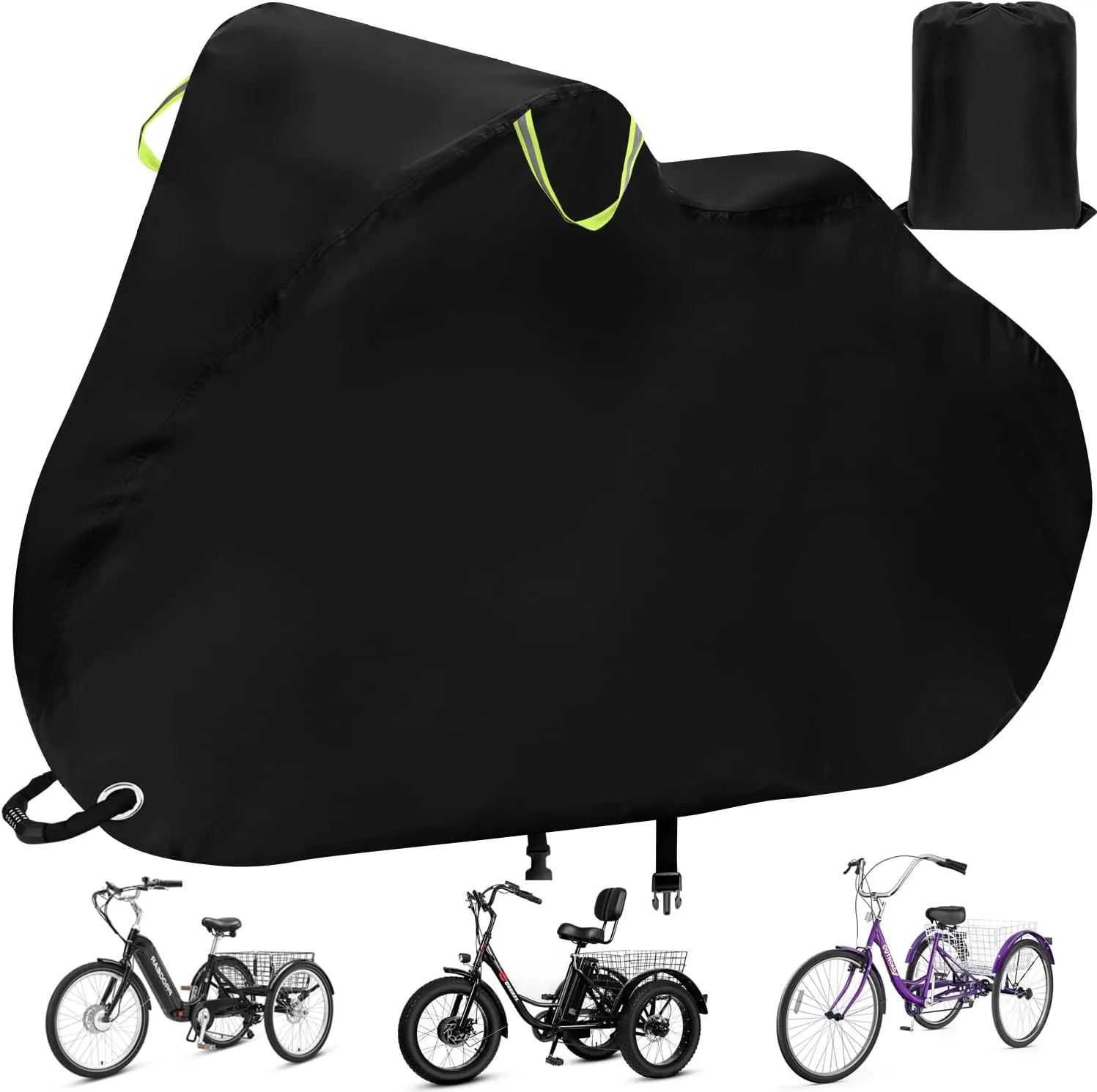 Adult Tricycle Cover Waterproof Outdoor,Electric Trike 3-Wheel Bicycles Storage Covers for eBike Bikes,Durable Anti-UV 420D Polyester Fabric,with Buckle,Reflective Strip Handle-78"Lx34"Wx44"H(Large)
