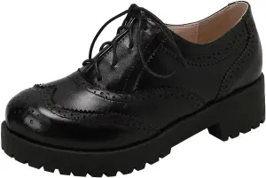 Agodor Women's Lace up Wingtip Oxford Shoes Chunky Heel Platform Vintage Round Toe Brogue Shoes