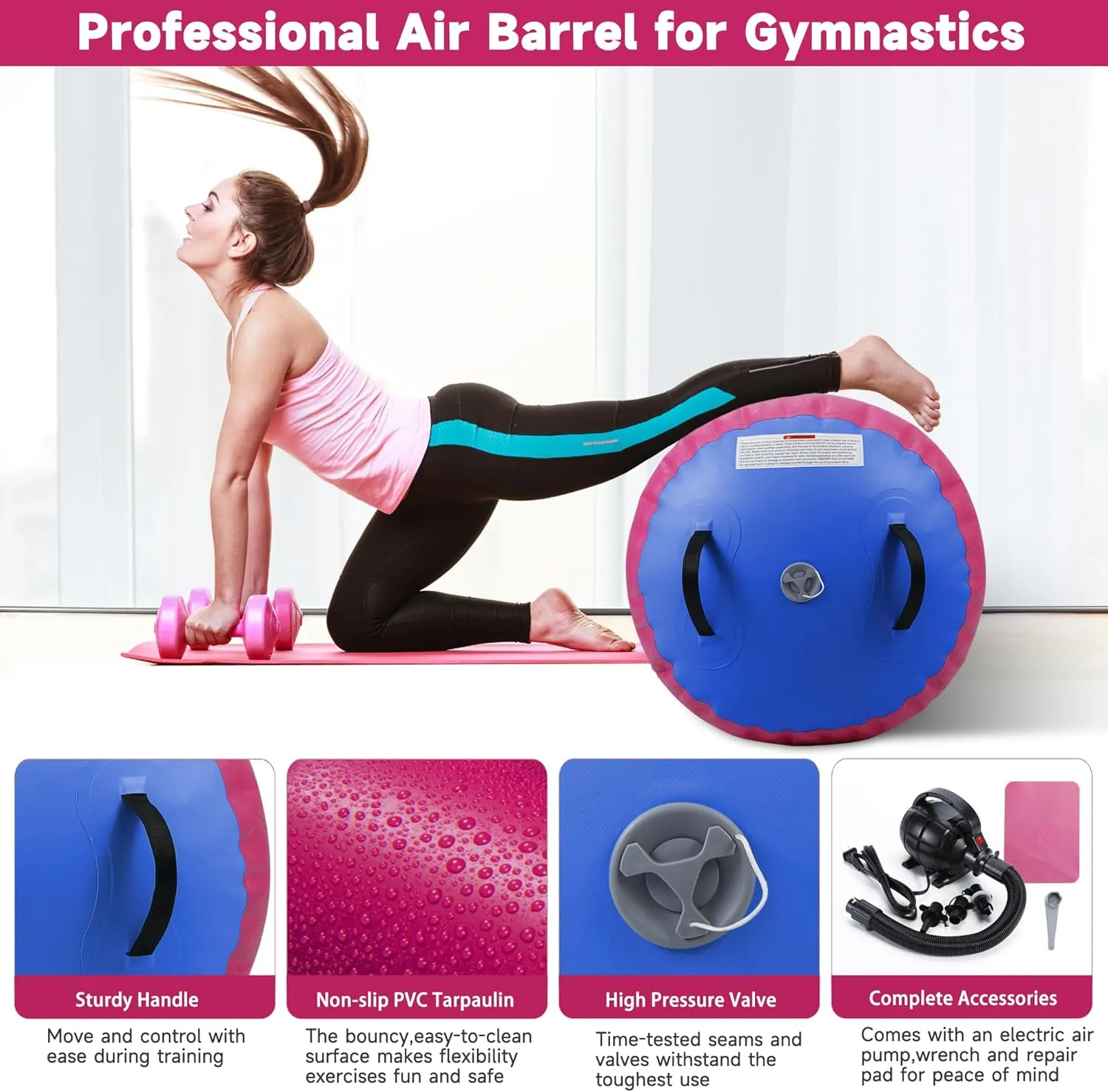 Air Barrel - Air Roller Gymnastics Barrel for Back Handspring Trainer, Air Track Tumble Mat with Pump for Gym Training/Yoga Balance Exercise/Cheerleading/Home and Outdoor Use