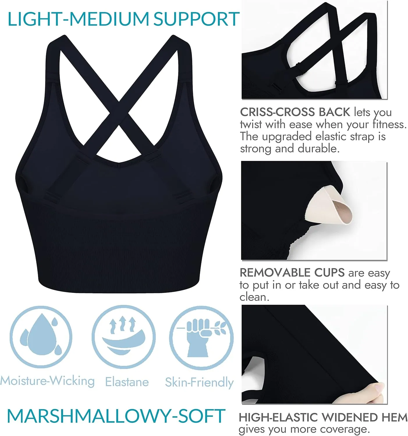 ANGOOL Strappy Sports Bras for Women - Medium Support Wirefree Yoga Bra Activewear