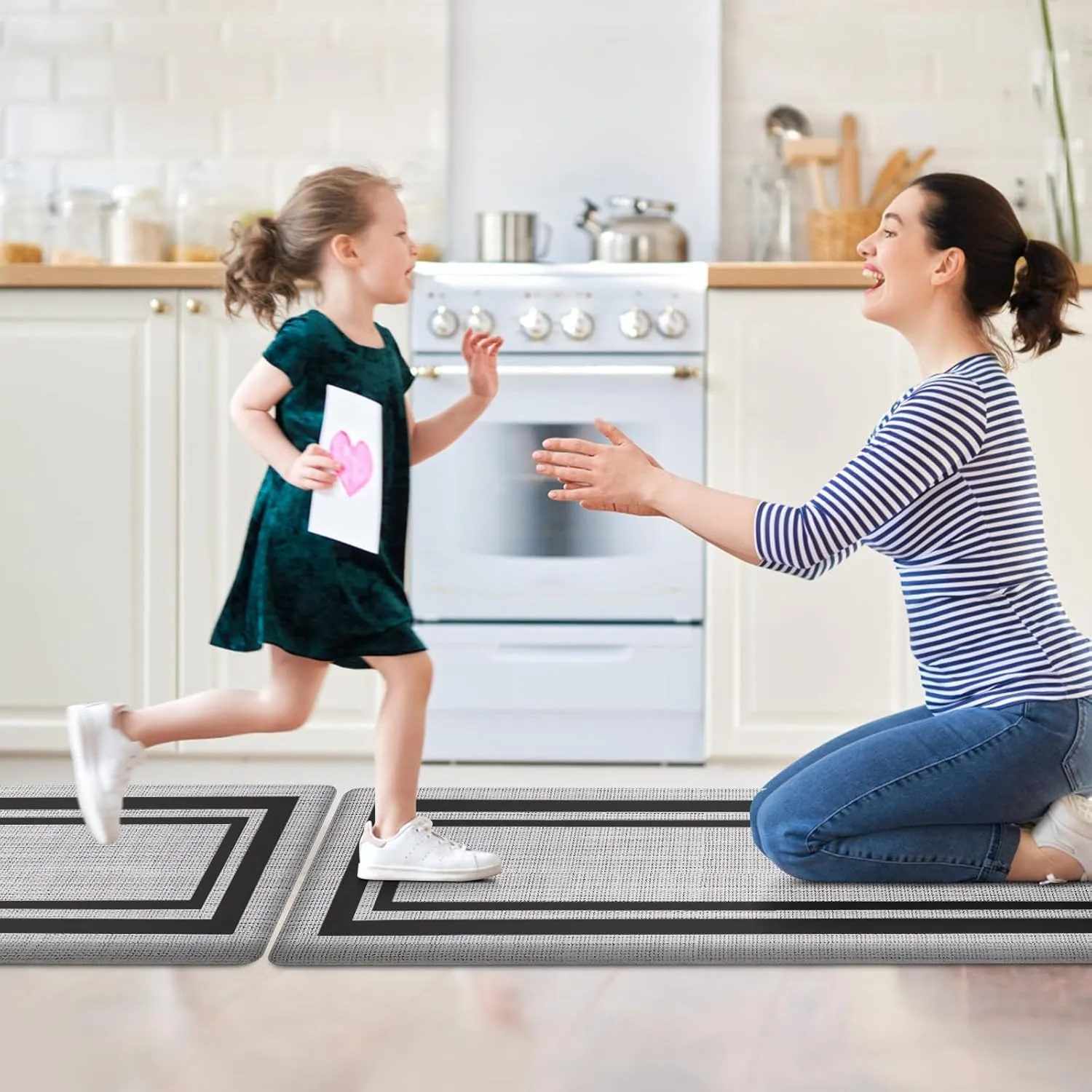 Anti Fatigue Kitchen Floor Mat 2 PCS, 1/2 Inch Thick Comfort Cushioned Standing Mat Set, Non Skid Kitchen Rugs and Mats Waterproof PVC Memory Kitchen Mats for Floor Sink Office Laundry, Black