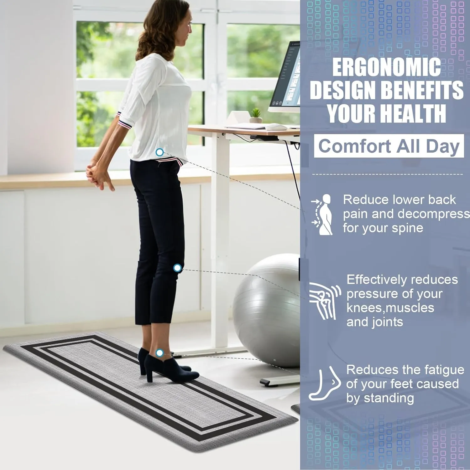 Anti Fatigue Kitchen Floor Mat 2 PCS, 1/2 Inch Thick Comfort Cushioned Standing Mat Set, Non Skid Kitchen Rugs and Mats Waterproof PVC Memory Kitchen Mats for Floor Sink Office Laundry, Black