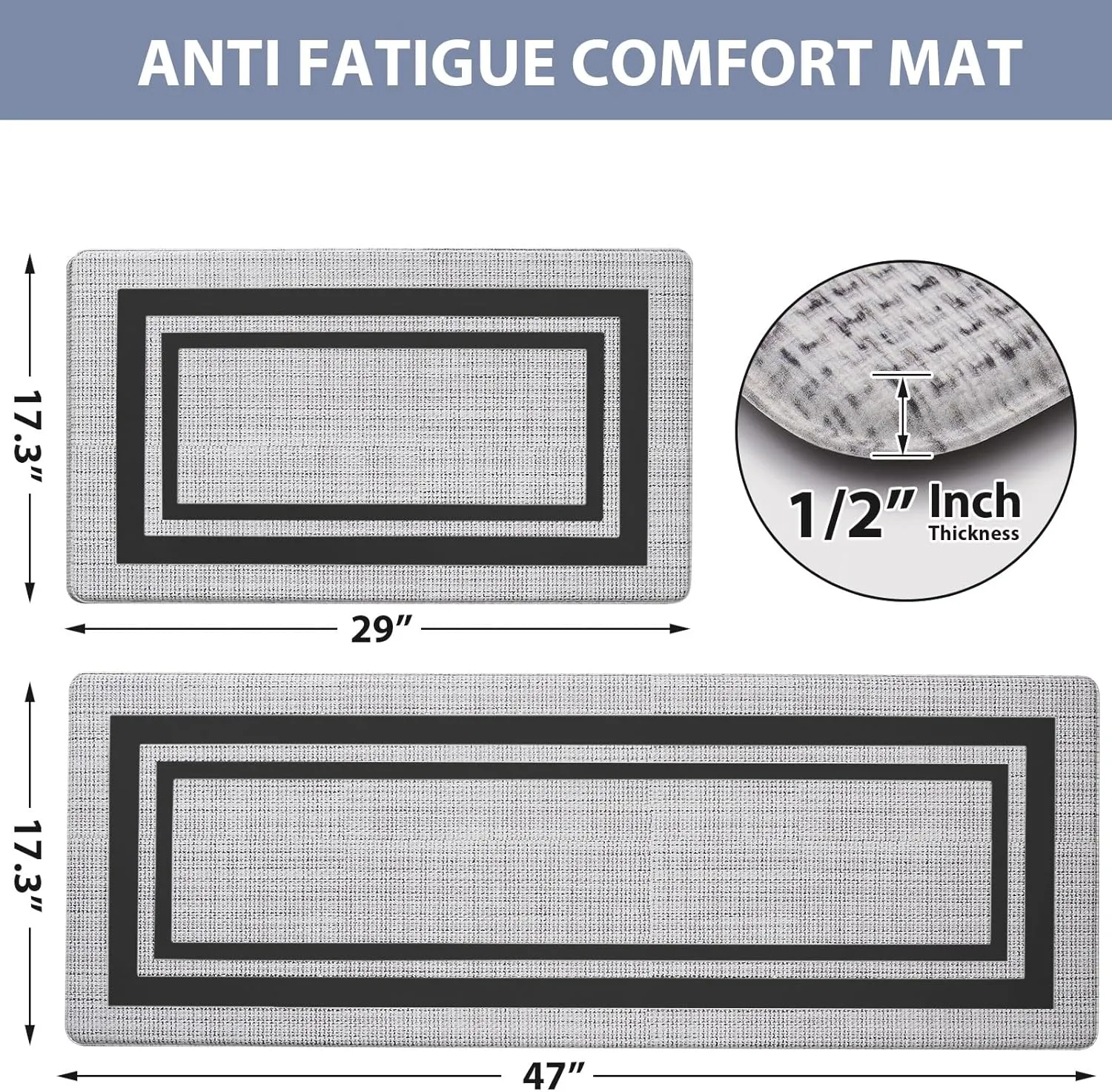 Anti Fatigue Kitchen Floor Mat 2 PCS, 1/2 Inch Thick Comfort Cushioned Standing Mat Set, Non Skid Kitchen Rugs and Mats Waterproof PVC Memory Kitchen Mats for Floor Sink Office Laundry, Black