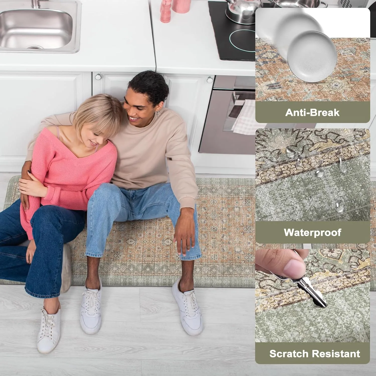 Anti Fatigue Kitchen Mats Set of 2, Distressed Non-Slip Waterproof Cushioned Kitchen Rugs Runner,Ergonomic Comfort Foam Standing Mat for Office,Laundry Room,Sink,Counter(Tan)