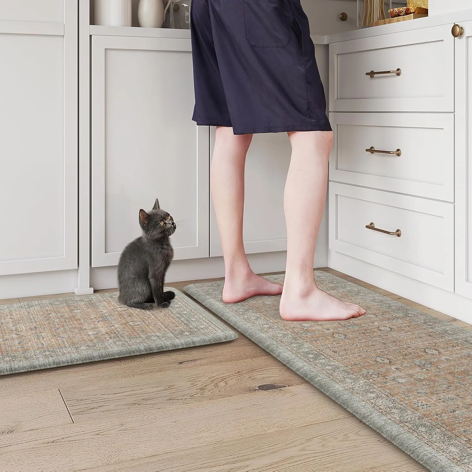 Anti Fatigue Kitchen Mats Set of 2, Distressed Non-Slip Waterproof Cushioned Kitchen Rugs Runner,Ergonomic Comfort Foam Standing Mat for Office,Laundry Room,Sink,Counter(Tan)