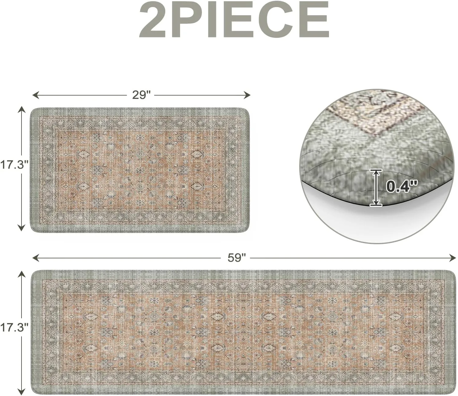 Anti Fatigue Kitchen Mats Set of 2, Distressed Non-Slip Waterproof Cushioned Kitchen Rugs Runner,Ergonomic Comfort Foam Standing Mat for Office,Laundry Room,Sink,Counter(Tan)