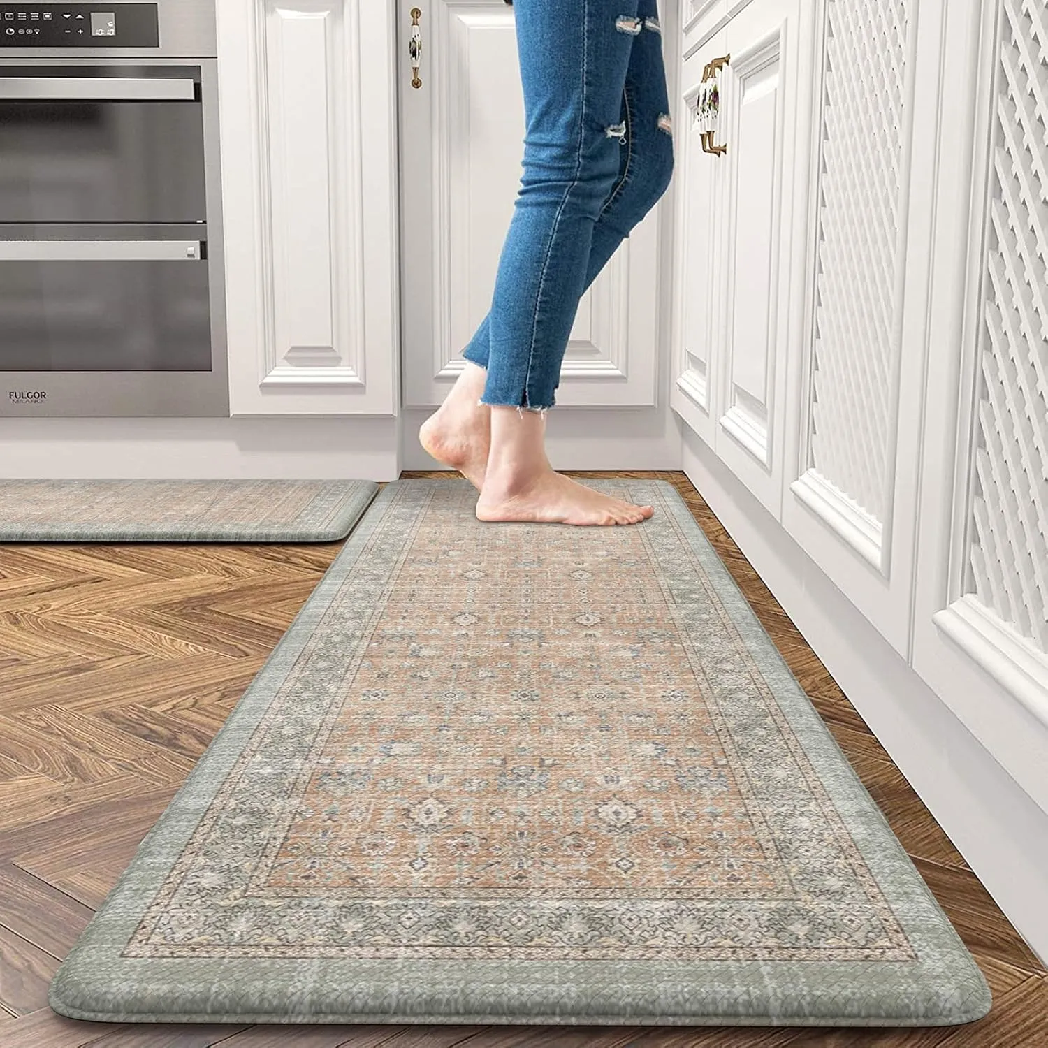 Anti Fatigue Kitchen Mats Set of 2, Distressed Non-Slip Waterproof Cushioned Kitchen Rugs Runner,Ergonomic Comfort Foam Standing Mat for Office,Laundry Room,Sink,Counter(Tan)