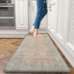 Anti Fatigue Kitchen Mats Set of 2, Distressed Non-Slip Waterproof Cushioned Kitchen Rugs Runner,Ergonomic Comfort Foam Standing Mat for Office,Laundry Room,Sink,Counter(Tan)