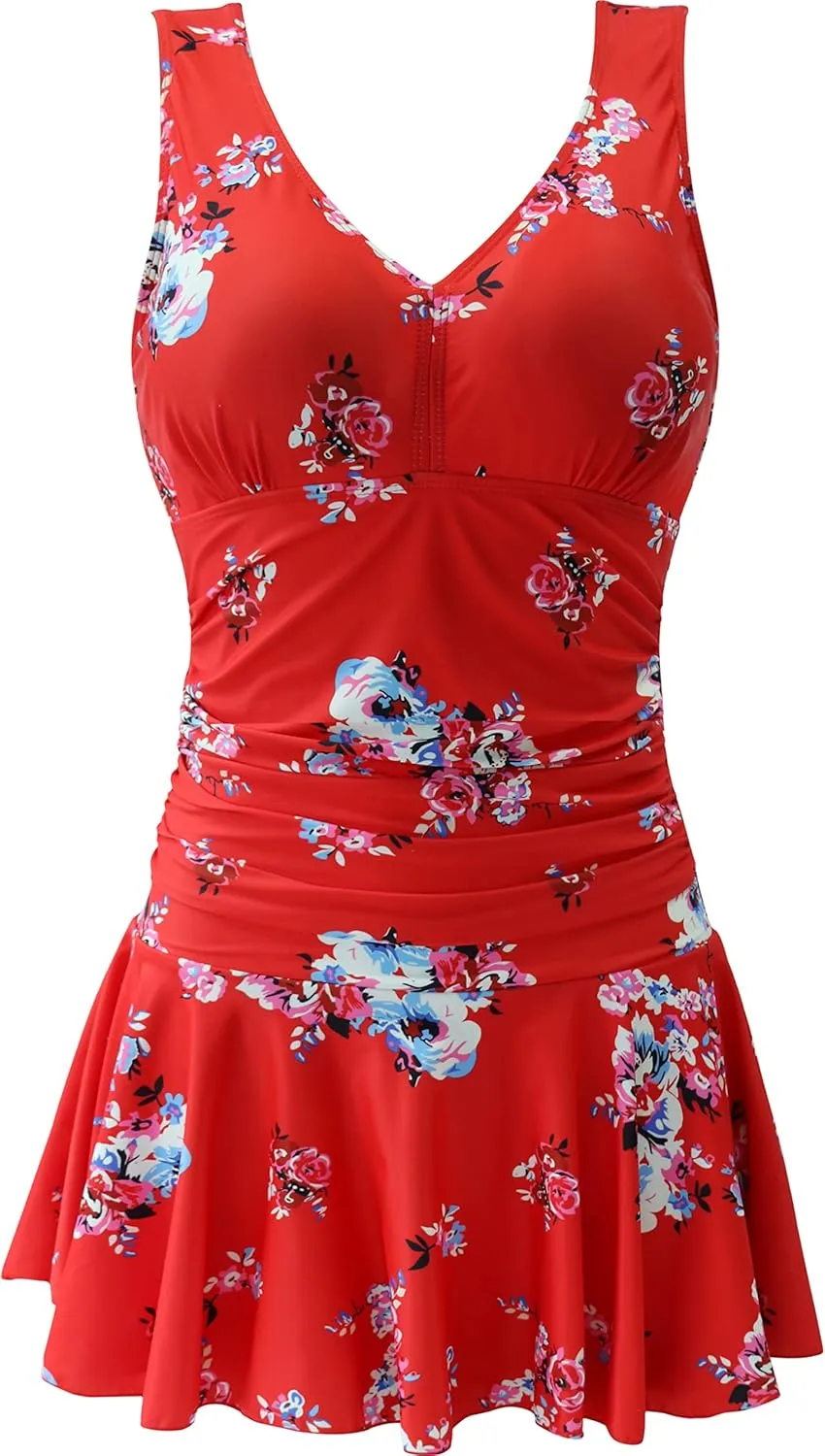 AONTUS Plus Size Hawaiin Swimsuits for Women Swimwear Long Torso Tummy Control Swimdress