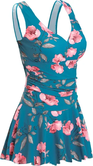 AONTUS Plus Size Hawaiin Swimsuits for Women Swimwear Long Torso Tummy Control Swimdress