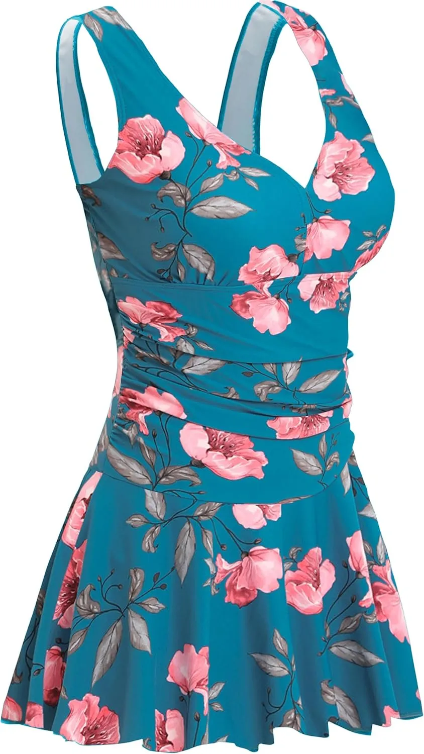 AONTUS Plus Size Hawaiin Swimsuits for Women Swimwear Long Torso Tummy Control Swimdress