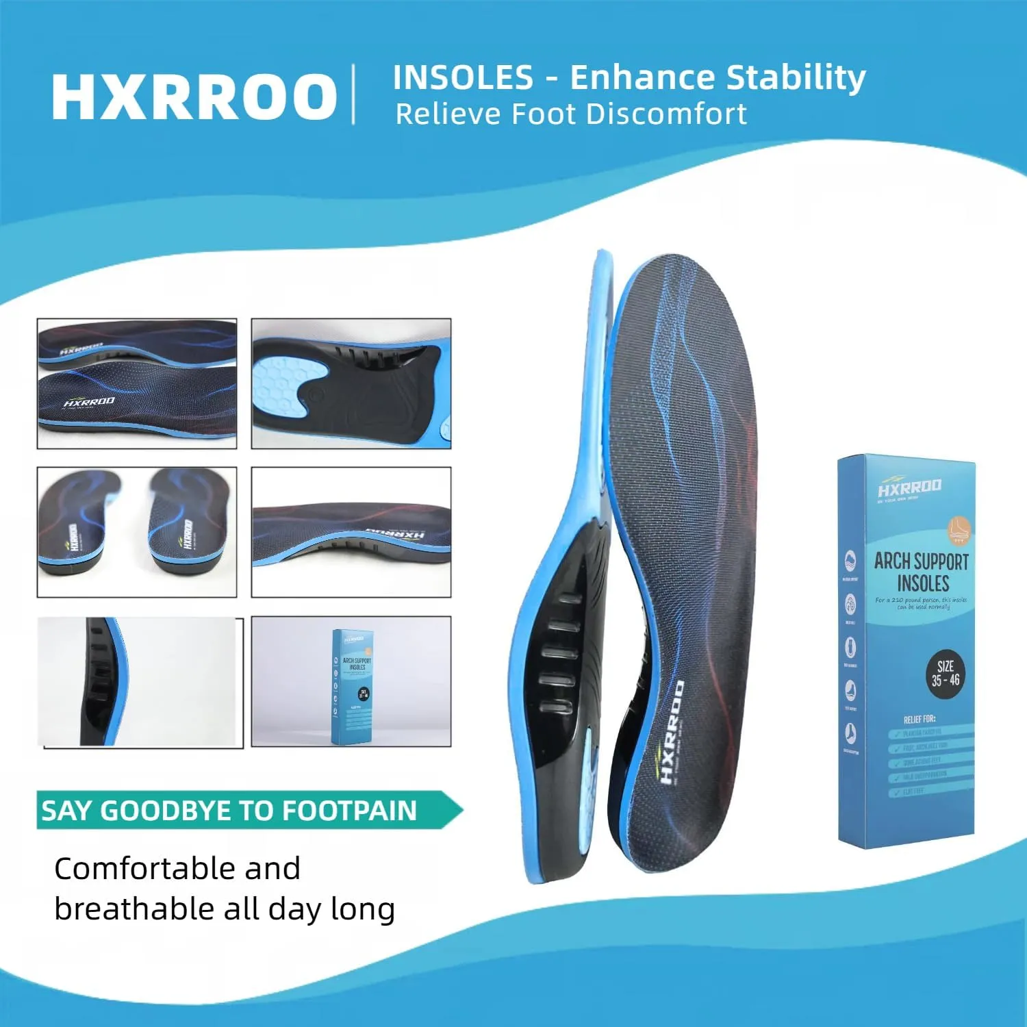 Arch Support Insoles for Foot Pain Relief, Size 35-46 (9-9.5Men/11-11.5Women)