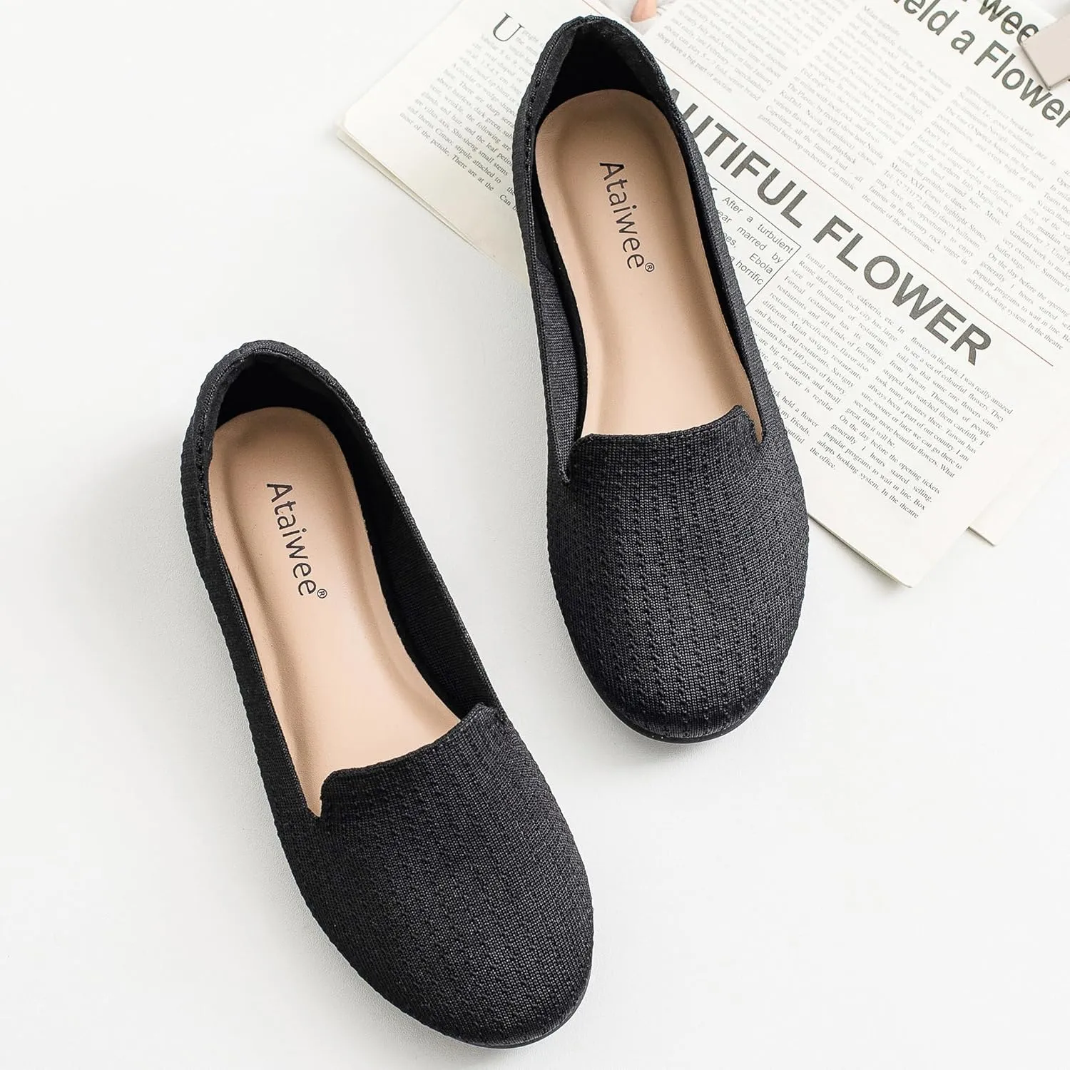 Ataiwee Women's Wide Width Flat Shoes, Fashion Comfortable Plus Size Cute Round Toe Slip on Loafer Shoes.