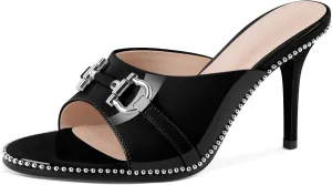 AUMOTED Peep Open Toe Sandals Women Stiletto High Heels Beaded Sandals Slip On Wedding Office Cute Basic Classic 3.1 Inches Summer Heels