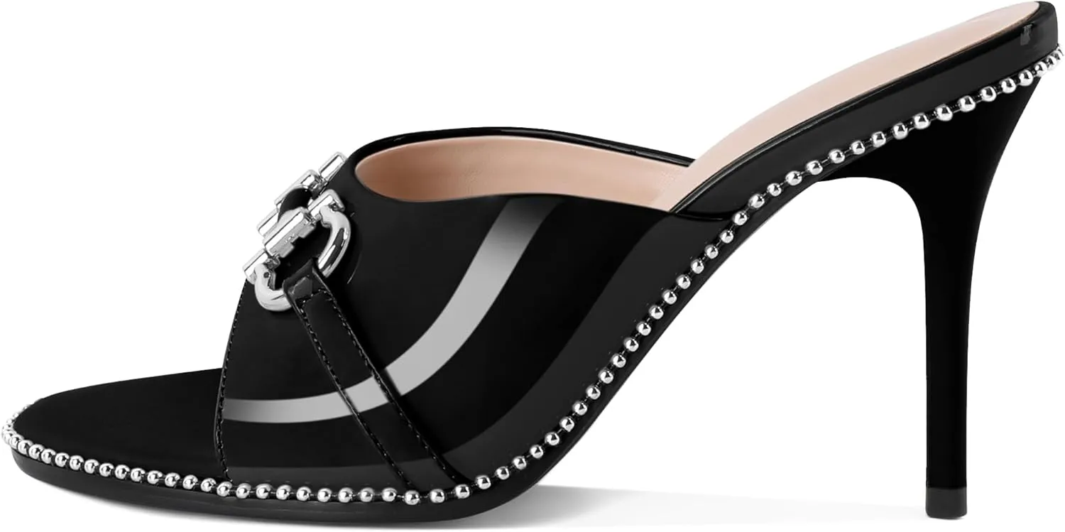 AUMOTED Peep Open Toe Sandals Women Stiletto High Heels Beaded Sandals Slip On Wedding Office Cute Basic Classic 3.1 Inches Summer Heels
