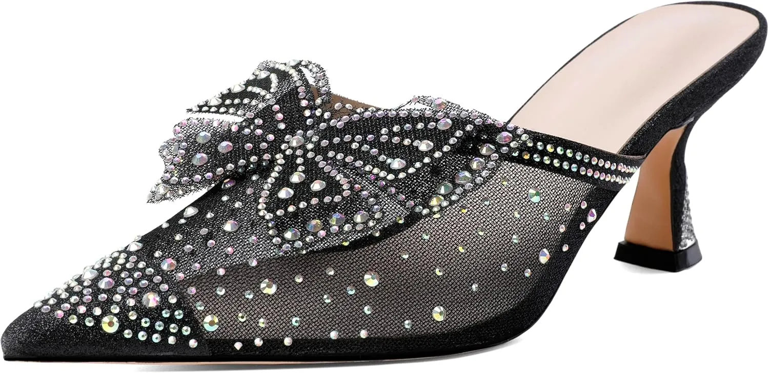 AUMOTED Women Kitten Heel Mules Rhinestone Bow Sandals Pointed Toe Heeled Mule Slip On Low Heels Slipper Glitter Mesh Wedding Bridal Shoes 2.5 Inch