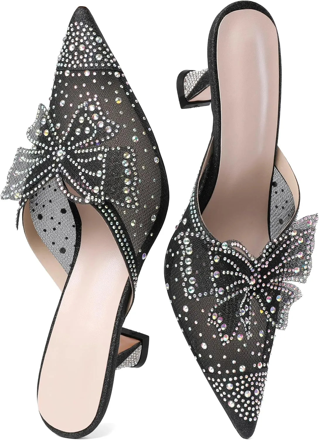 AUMOTED Women Kitten Heel Mules Rhinestone Bow Sandals Pointed Toe Heeled Mule Slip On Low Heels Slipper Glitter Mesh Wedding Bridal Shoes 2.5 Inch