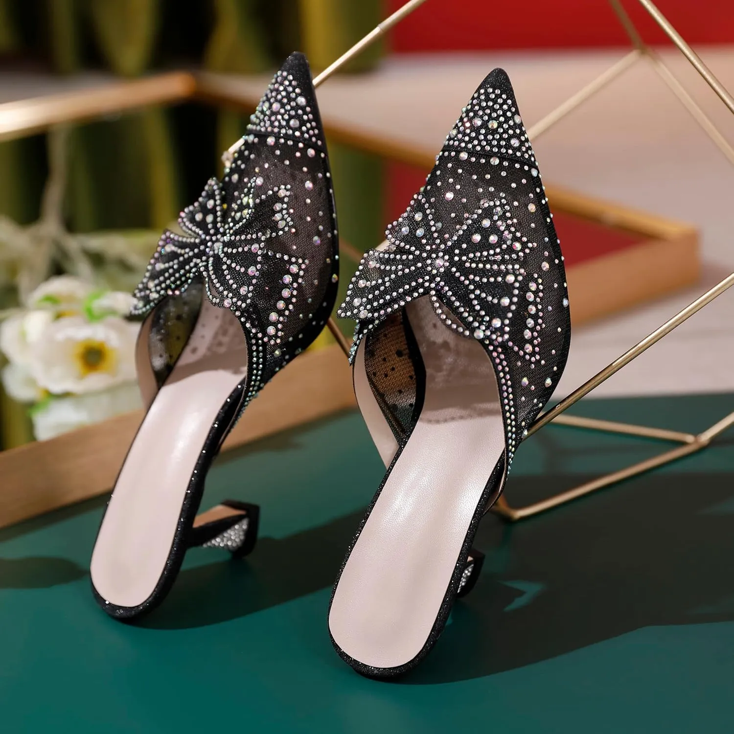 AUMOTED Women Kitten Heel Mules Rhinestone Bow Sandals Pointed Toe Heeled Mule Slip On Low Heels Slipper Glitter Mesh Wedding Bridal Shoes 2.5 Inch