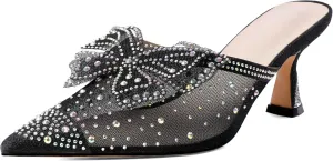 AUMOTED Women Kitten Heel Mules Rhinestone Bow Sandals Pointed Toe Heeled Mule Slip On Low Heels Slipper Glitter Mesh Wedding Bridal Shoes 2.5 Inch