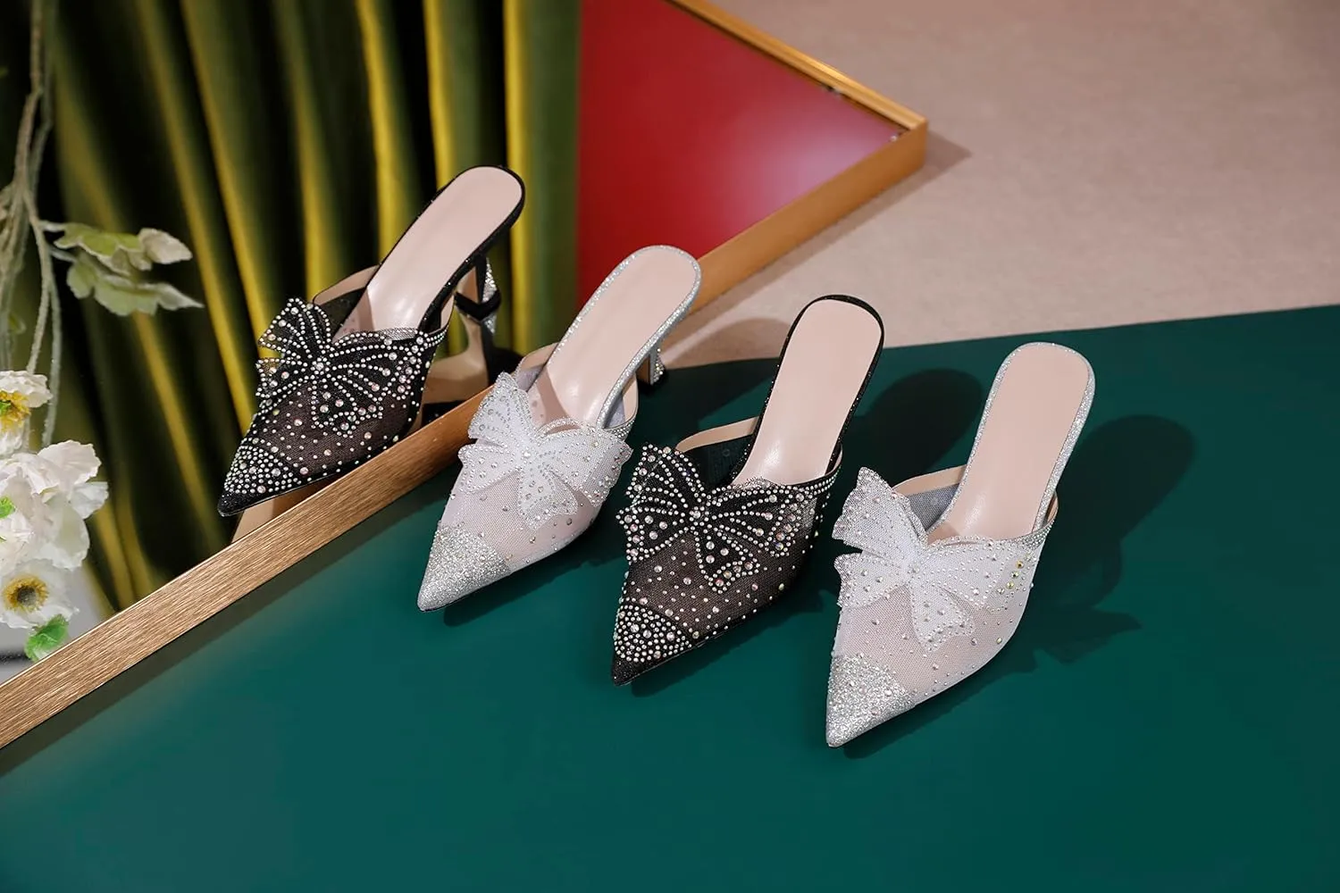 AUMOTED Women Kitten Heel Mules Rhinestone Bow Sandals Pointed Toe Heeled Mule Slip On Low Heels Slipper Glitter Mesh Wedding Bridal Shoes 2.5 Inch