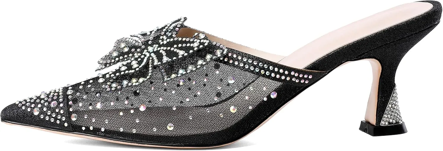 AUMOTED Women Kitten Heel Mules Rhinestone Bow Sandals Pointed Toe Heeled Mule Slip On Low Heels Slipper Glitter Mesh Wedding Bridal Shoes 2.5 Inch