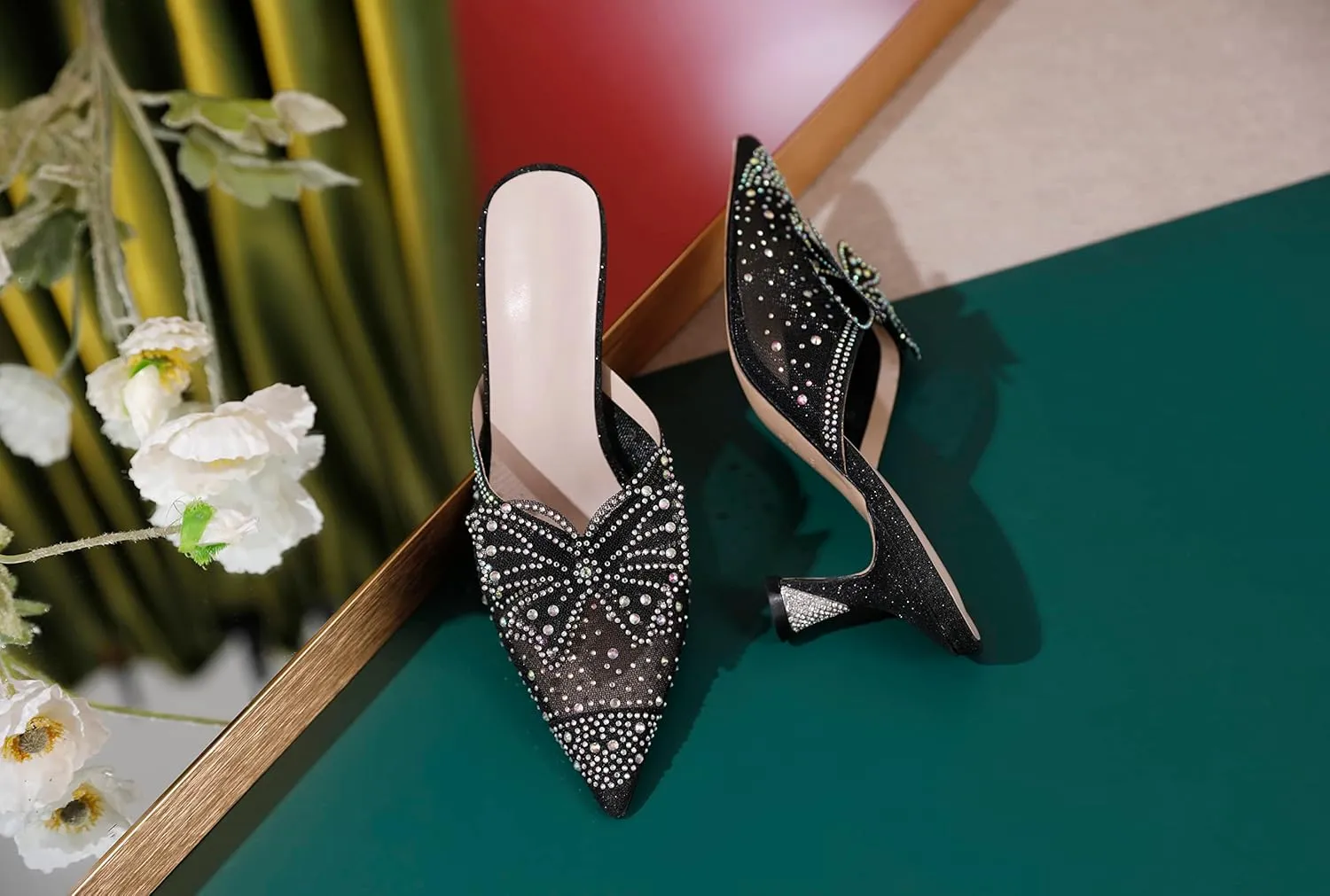 AUMOTED Women Kitten Heel Mules Rhinestone Bow Sandals Pointed Toe Heeled Mule Slip On Low Heels Slipper Glitter Mesh Wedding Bridal Shoes 2.5 Inch