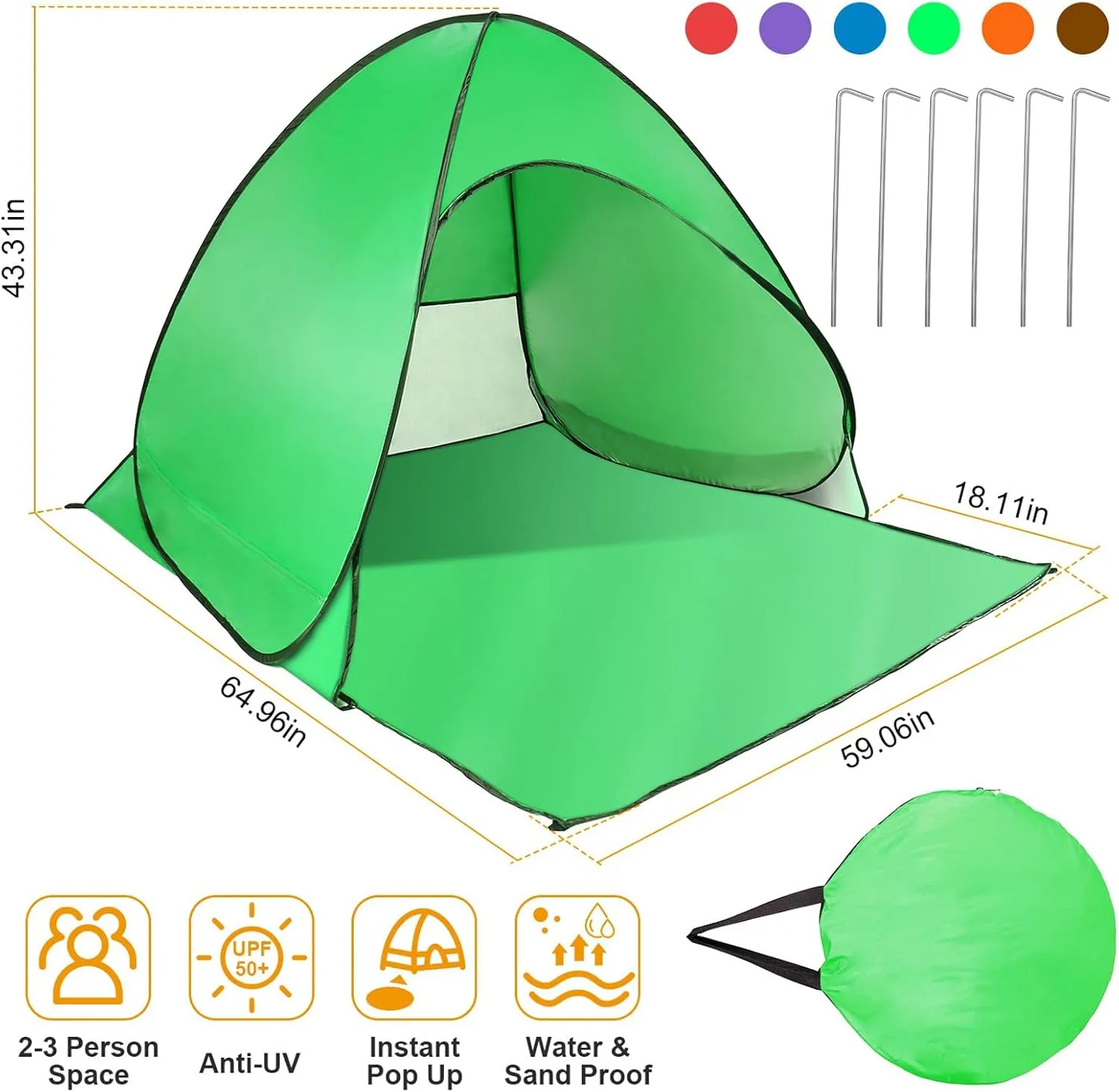 Beach Tent, UPF 50  UV Protection Beach Tent for 2-3 Person, Portable Automatic Instant Pop Up Tent, Sun Shelter Canopy Easy Setup Cabana, with Carrying Bag for Camping/Outdoor