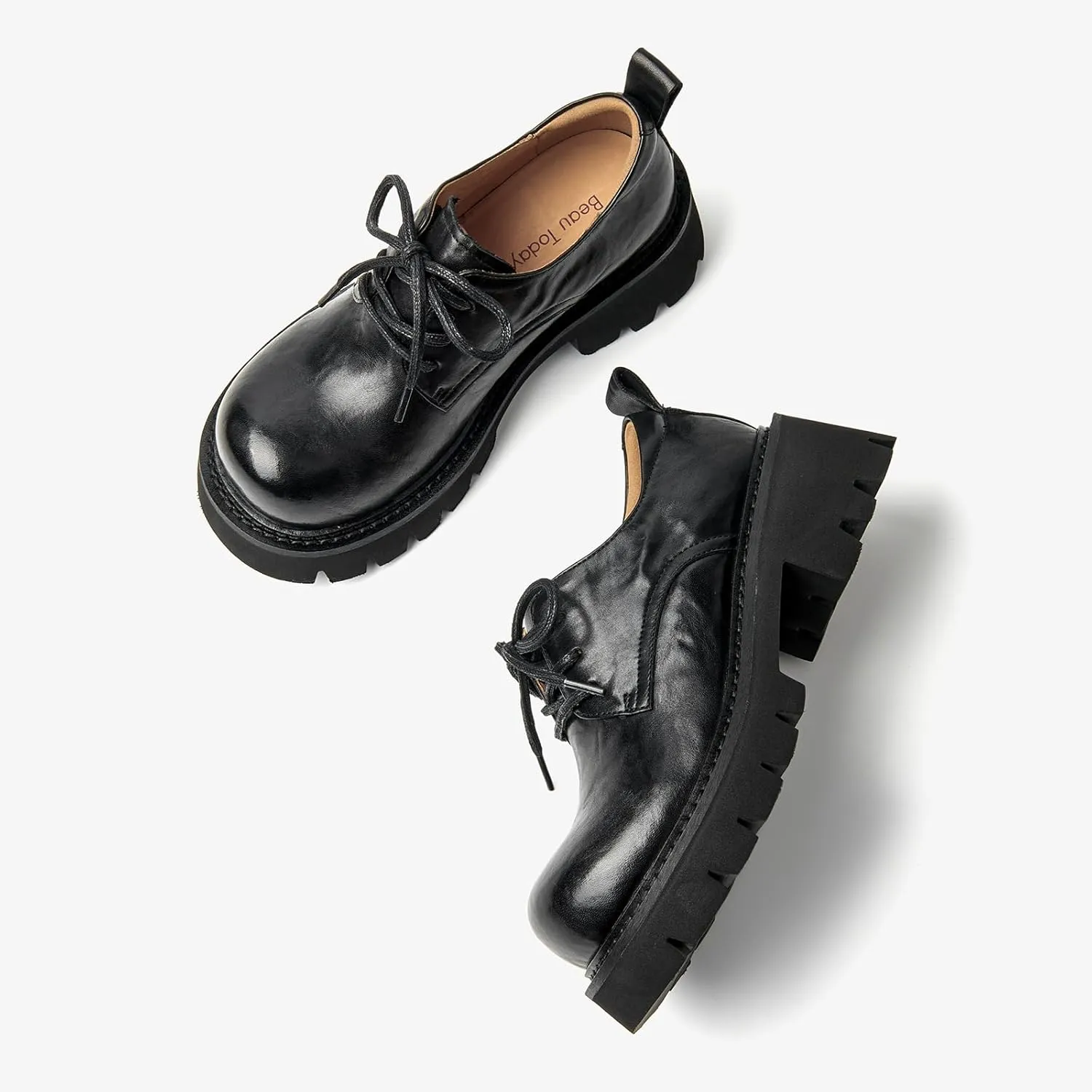 BEAU TODAY Chunky Platform Oxford Shoes for Women - Casual Round Toe Lace-up Leather Oxfords - Comfortable Business Lug Sole Dress Shoes