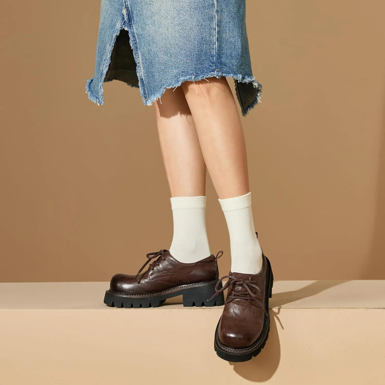 BEAU TODAY Chunky Platform Oxford Shoes for Women - Casual Round Toe Lace-up Leather Oxfords - Comfortable Business Lug Sole Dress Shoes